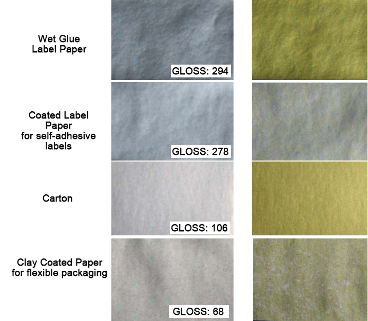 Metallic Ink Pigment Guide: Images of print trial on four different papers, silver ink A (left), yellow-tinted ink B (right), cylinder 1 only.